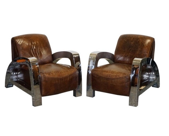 STUNNING PAIR OF FRENCH ART DECO CHROME AVIATOR HERITAGE BROWN LEATHER ARMCHAIRS