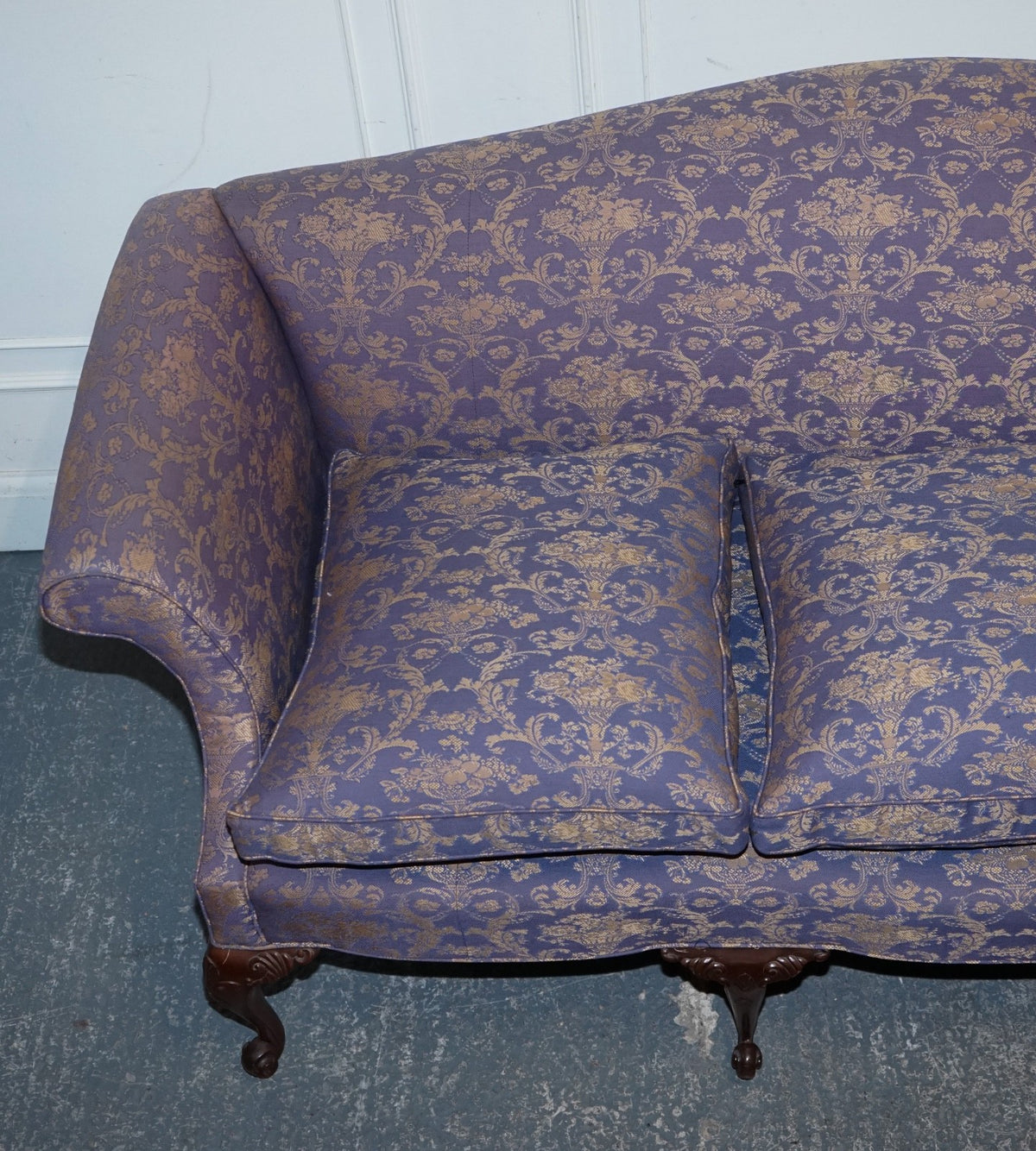 ANTIQUE ENGLISH COUNTRY HOUSE CHIPPENDALE CAMEL BACK FABRIC THREE SEATER SOFA