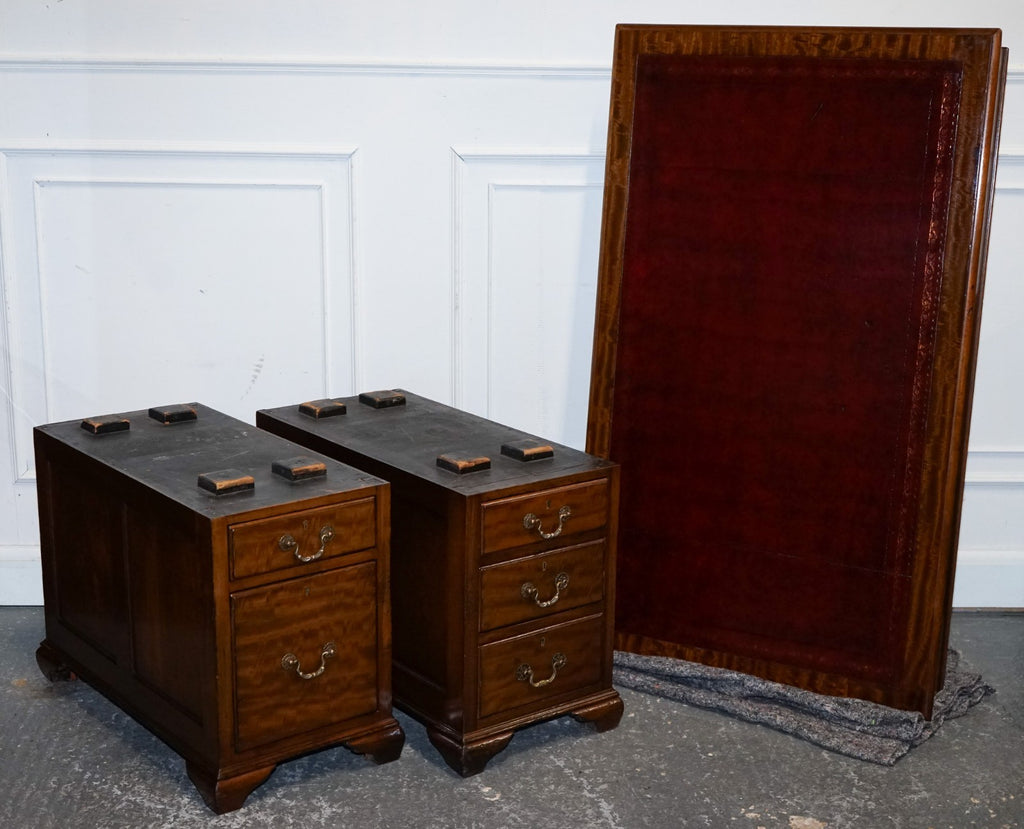 ANTIQUE RESTORED HOBBS & CO LONDON TWIN PEDESTAL DESK HAND DYED RED LEATHER TOP