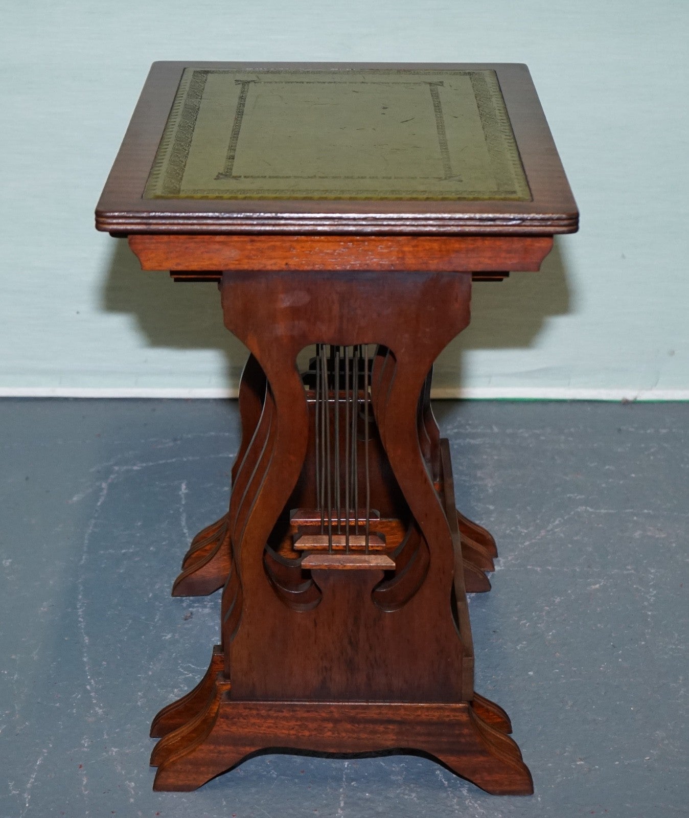 VINTAGE LYRE BASE GREEN LEATHER TOP NEST OF TABLES SIDE TABLES