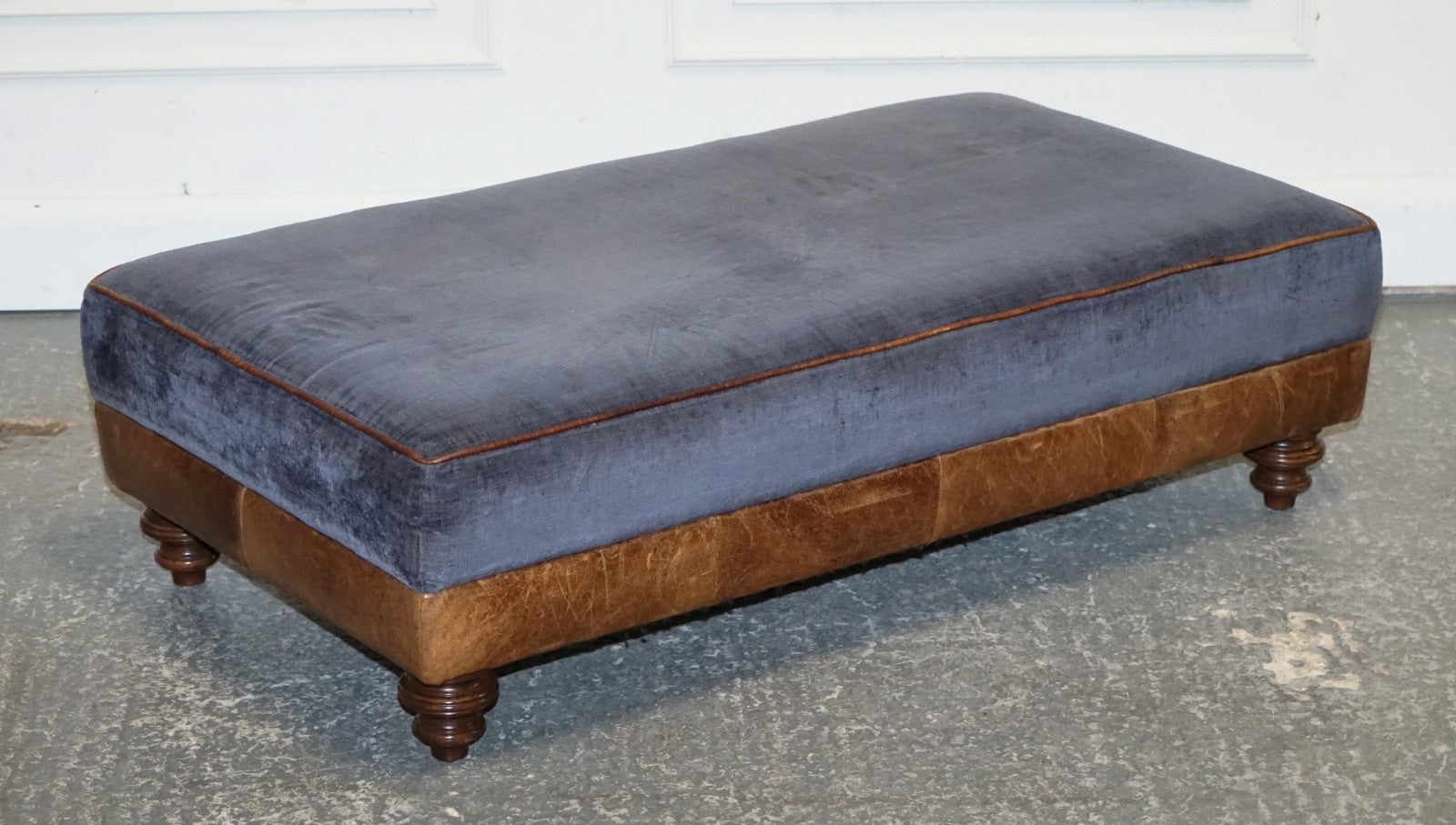 LARGE TETRAD CONSTABLE OTTOMAN RECTANGULAR FOOTSTOOL BLUE FABRIC & LEATHER BASE