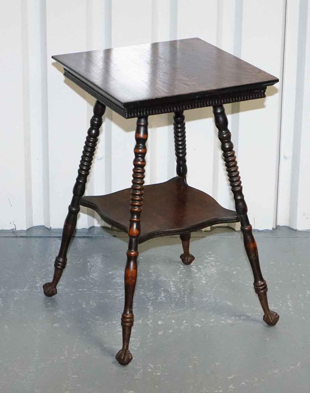 ANTIQUE VICTORIAN TIGER OAK SIDE TABLE TURNED BOBBIN LEGS WITH CAST IRON FEET