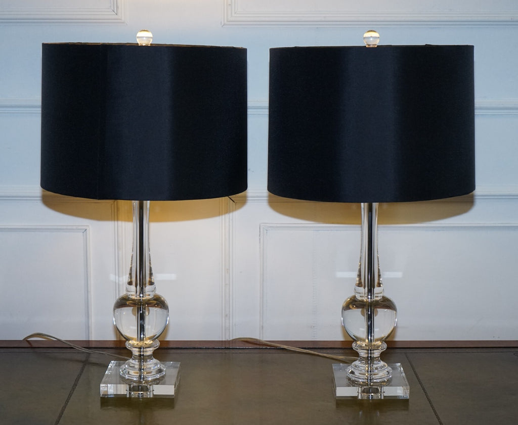 PAIR OF CLEAR GLASS TABLE LAMPS WITH BLACK SHADES