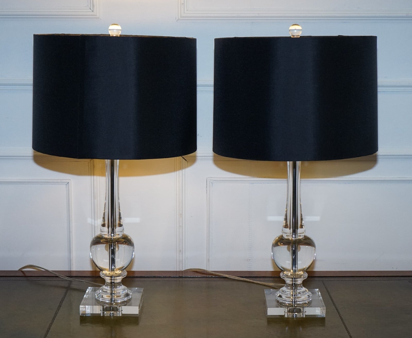 PAIR OF CLEAR GLASS TABLE LAMPS WITH BLACK SHADES