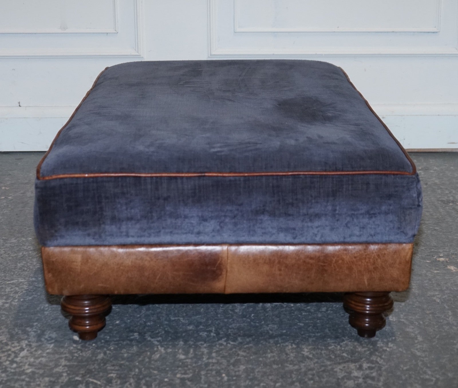LARGE TETRAD CONSTABLE OTTOMAN RECTANGULAR FOOTSTOOL BLUE FABRIC & LEATHER BASE