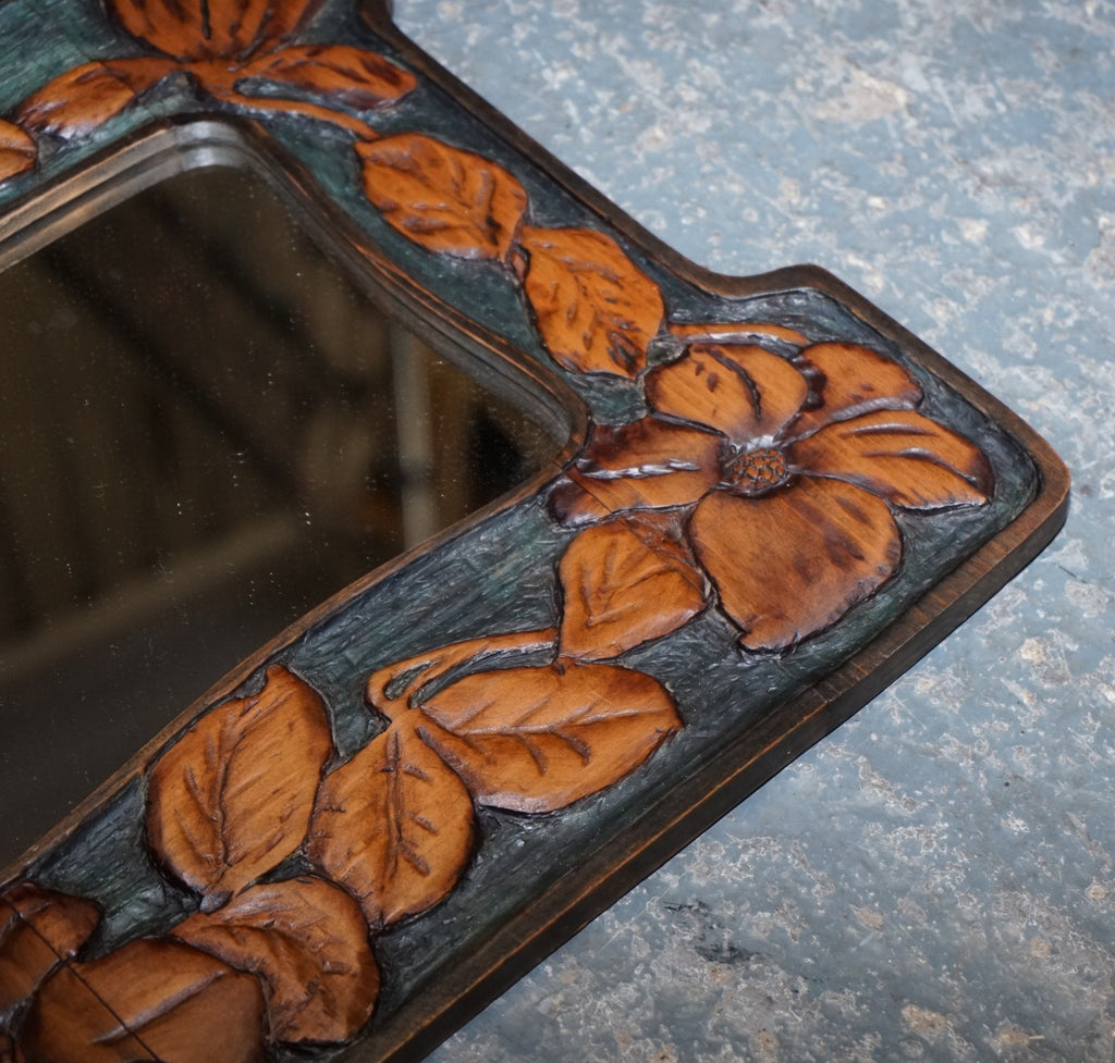 ANTIQUE FRENCH ART NOUVEAU FLORAL CARVED WALL MIRROR