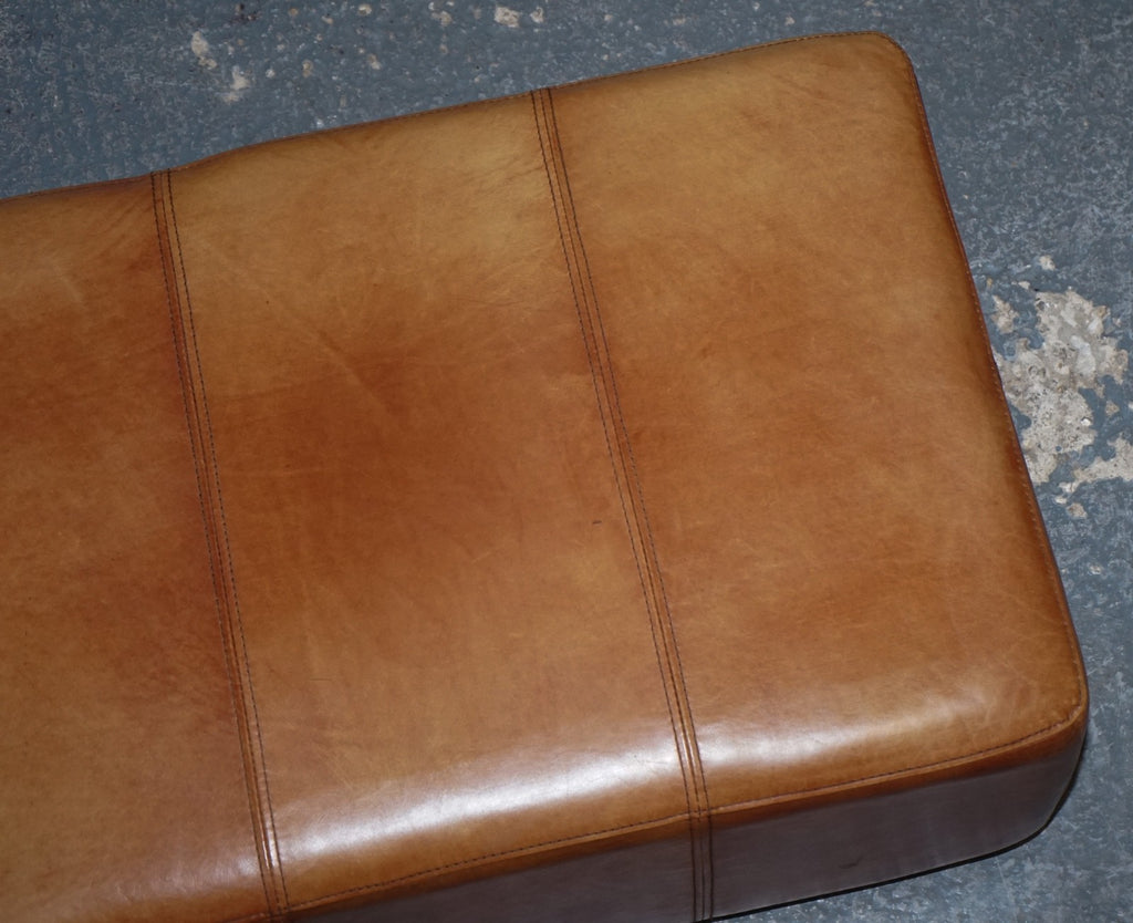 VINTAGE LARGE TAN LEATHER FOOTSTOOL OTTOMAN MADE BY HALO