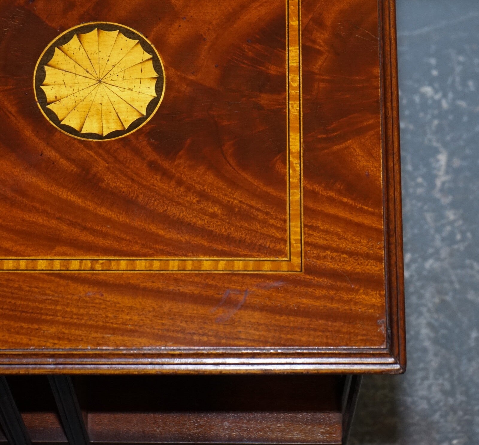 MID CENTRY SHERATON REVIVAL INLAID REVOLVING BOOKCASE END TABLE ON CASTORS