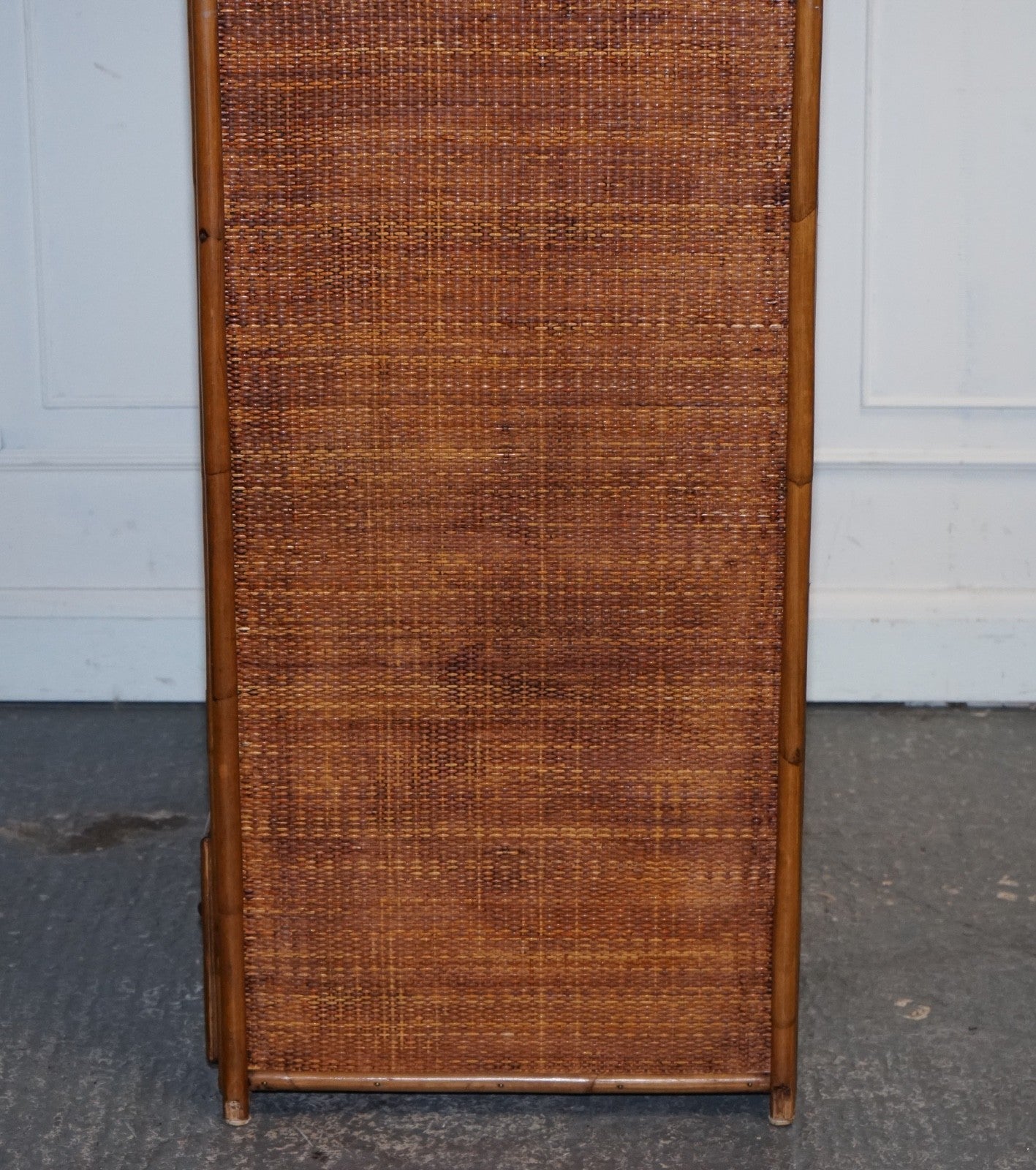 VINTAGE RATTAN AND CANE TWO DOOR AMOIRE OR WARDROBE WITH ONE DRAWER