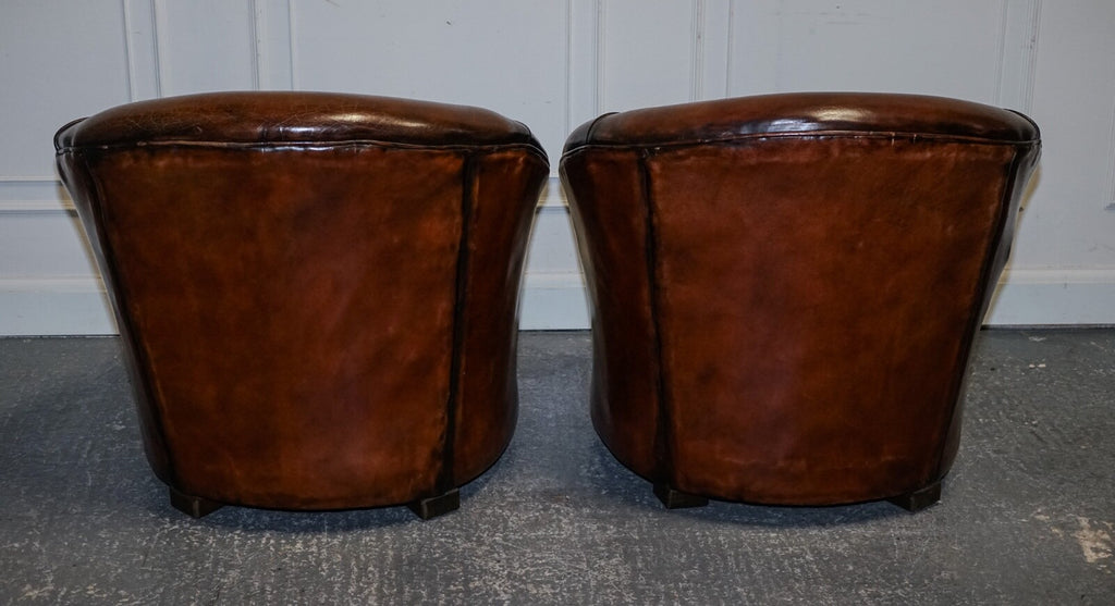 1920'S ART DECO RESTORED HAND DYED WHISKEY BROWN SUITE SOFA ARMCHAIRS FOOTSTOOLS