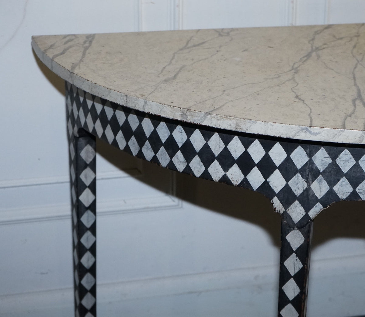 ENGLISH GEORGIAN HAND PAINTED PAIR OF DEMI LUNE SIDE CONSOLE TABLE MARBLE EFFECT