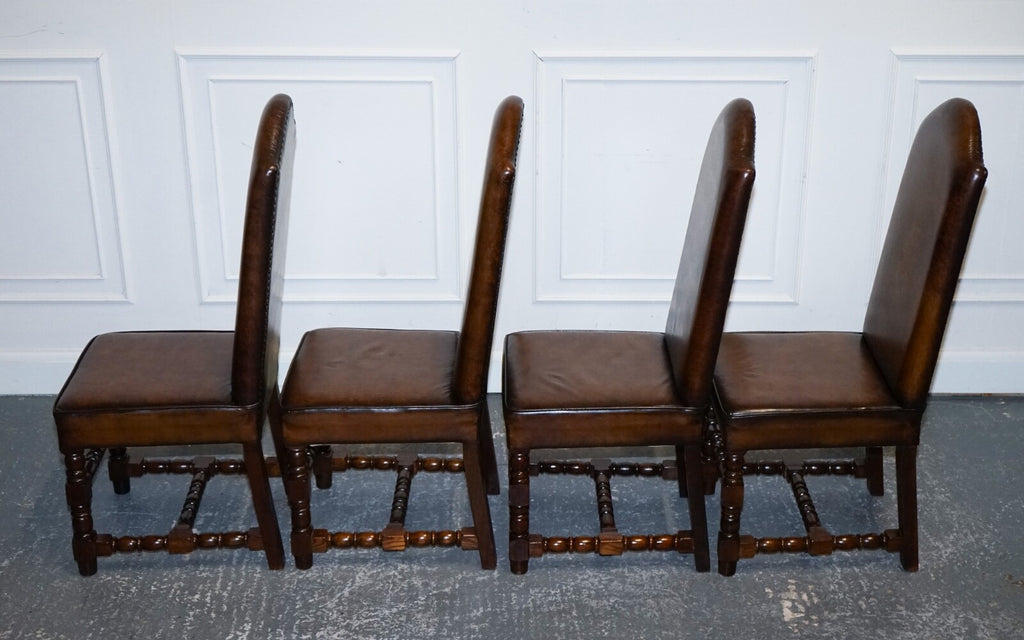 8 RESTORED CROMWELLIAN HAND DYED WHISKEY BROWN LEATHER DINING CHAIRS