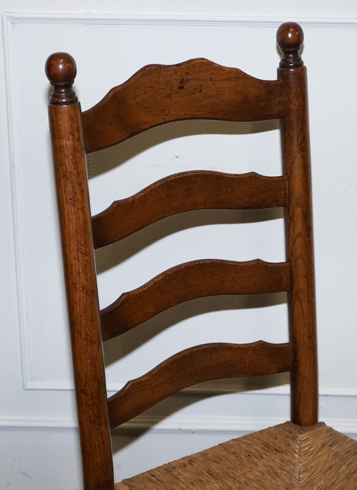 SET OF SIX ANTIQUE ENGLISH 19TH CENTURY LADDERBACK RUSH SEAT DINING CHAIRS