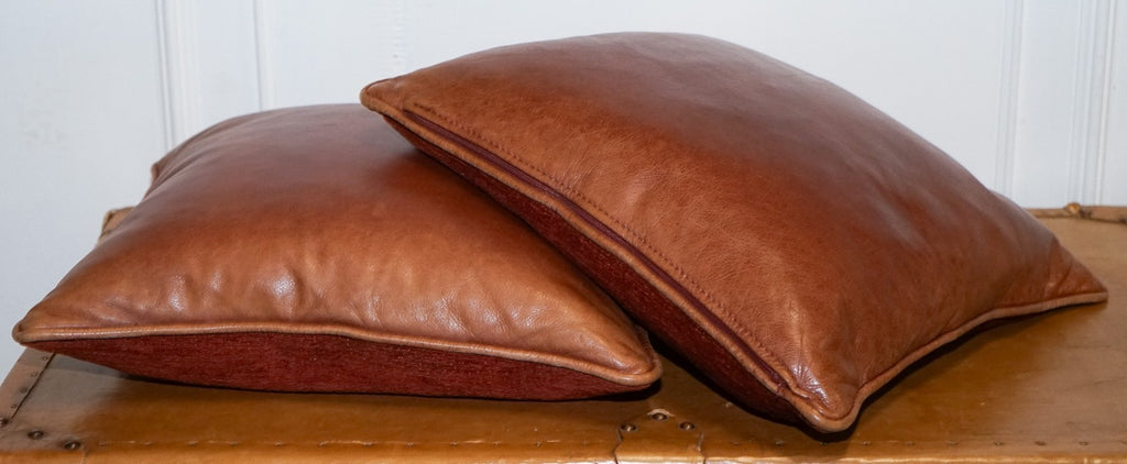 VINTAGE PAIR OF FEATHER FILLED CHESTNUT BROWN LEATHER & FABRIC SCATTER CUSHIONS