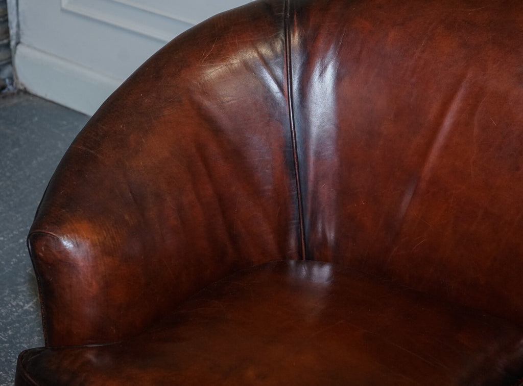 1920'S ART DECO RESTORED HAND DYED WHISKEY BROWN SUITE SOFA ARMCHAIRS FOOTSTOOLS
