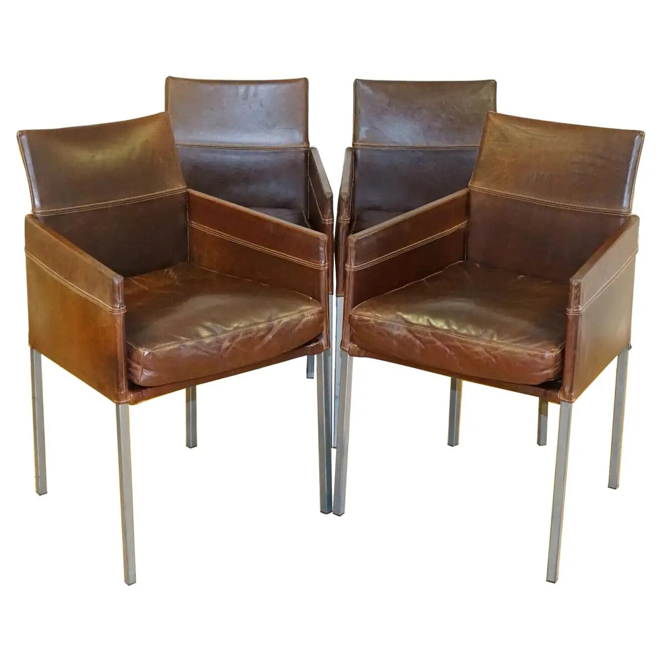 VINTAGE BROWN LEATHER AND STEEL TEXAS DINING CHAIR BY KARL FRIEDRICH FÖRSTER