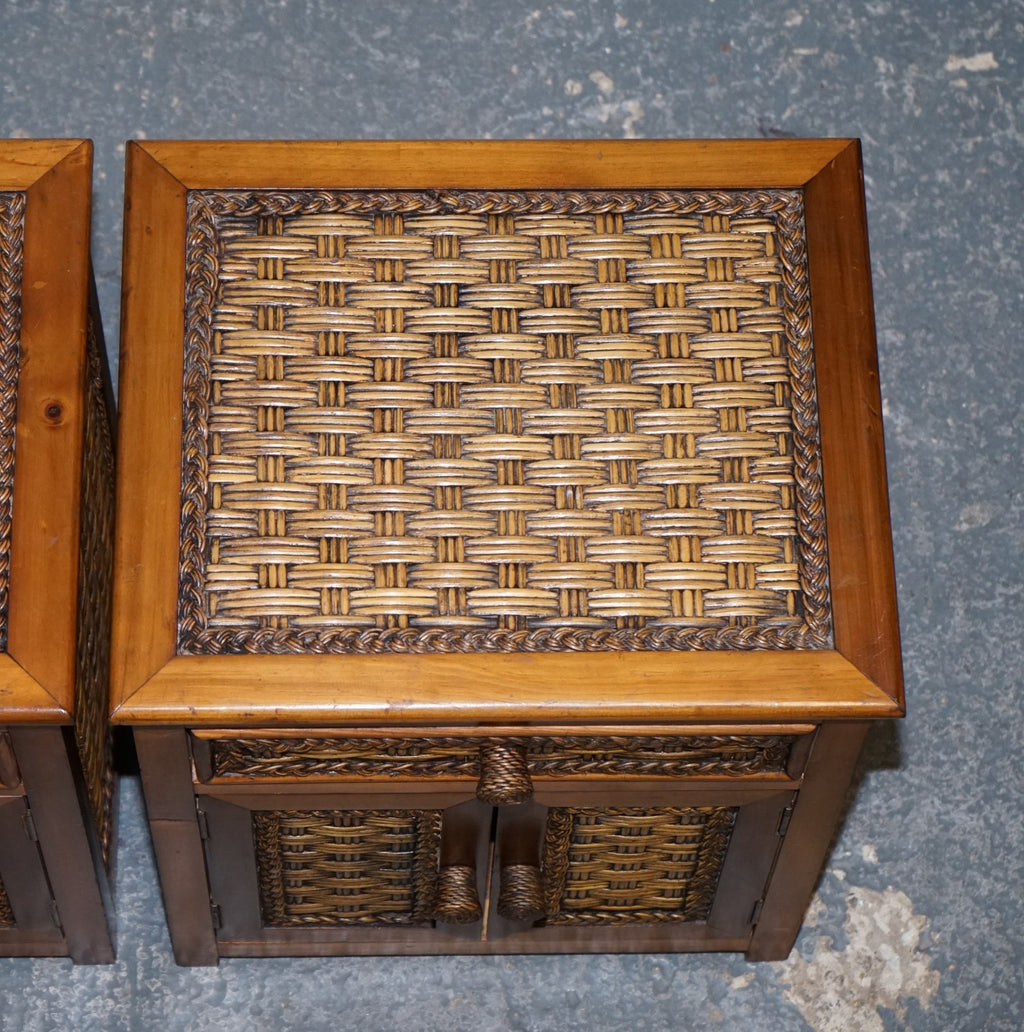 VINTAGE PAIR OF WICKER OR RATTAN NIGHTSTANDS BEDSIDE TABLES CUPBOARD & DRAWER