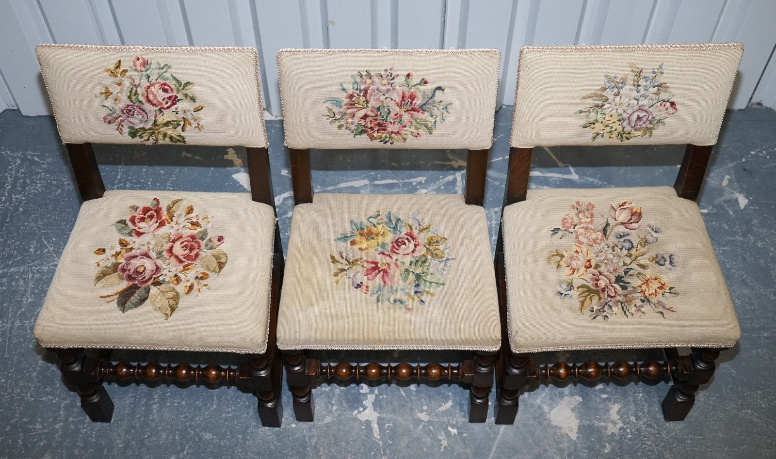 ENGLISH VICTORIAN SET OF SIX ORIGINAL FLORAL TAPESTRY UPHOLSTERY DINNING CHAIRS