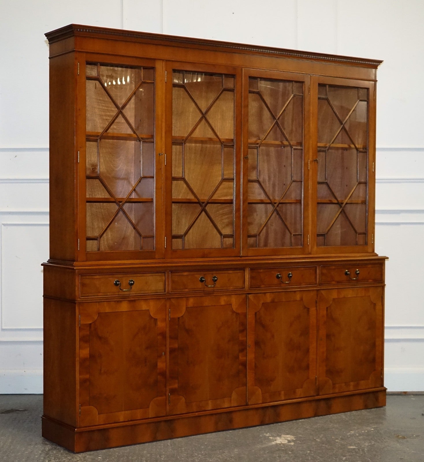 VINTAGE GEORGIAN STYLE YEW WOOD FOUR DOOR DISPLAY CABINET BOOKCASE
