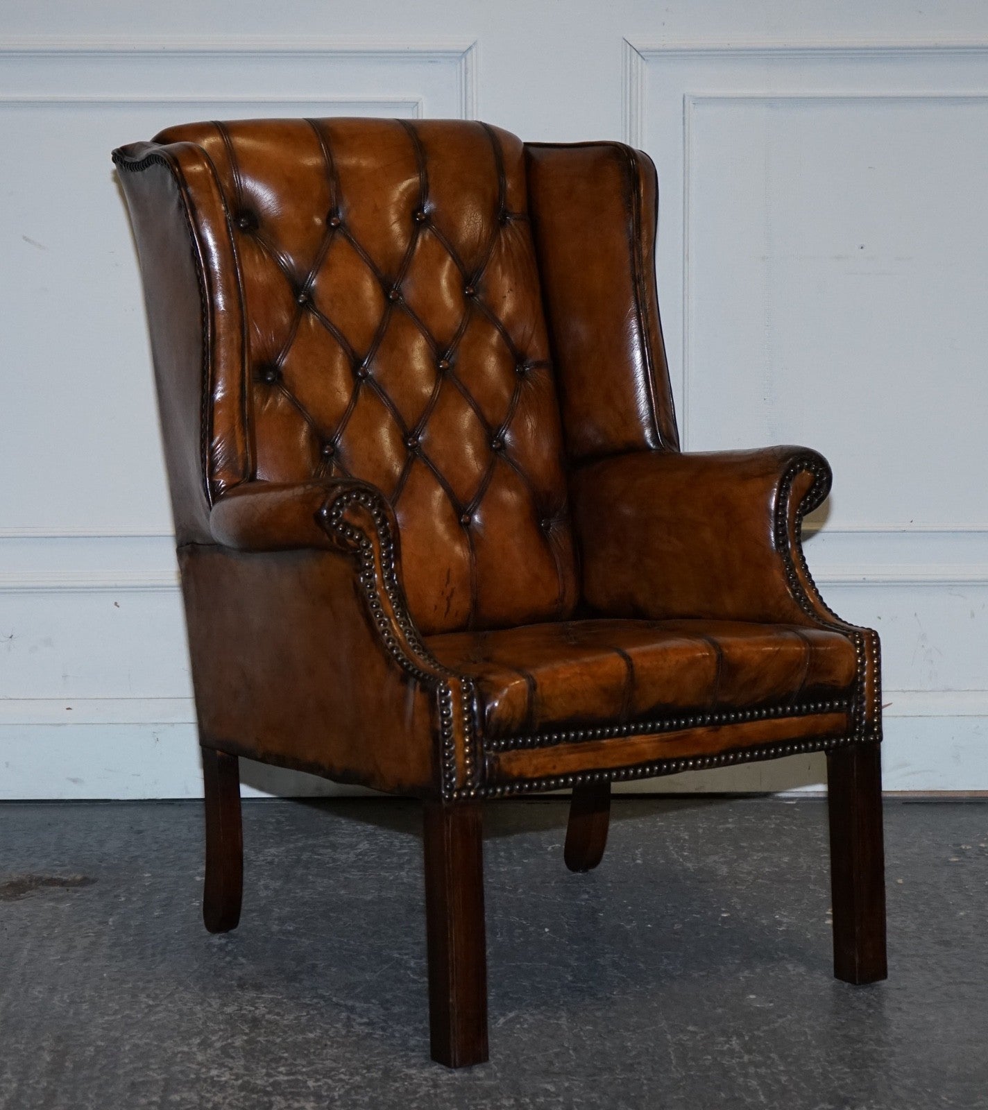 STUNNING 1960'S HAND DYED BROWN LEATHER CHESTERFIELD WINGBACK ARMCHAIRS