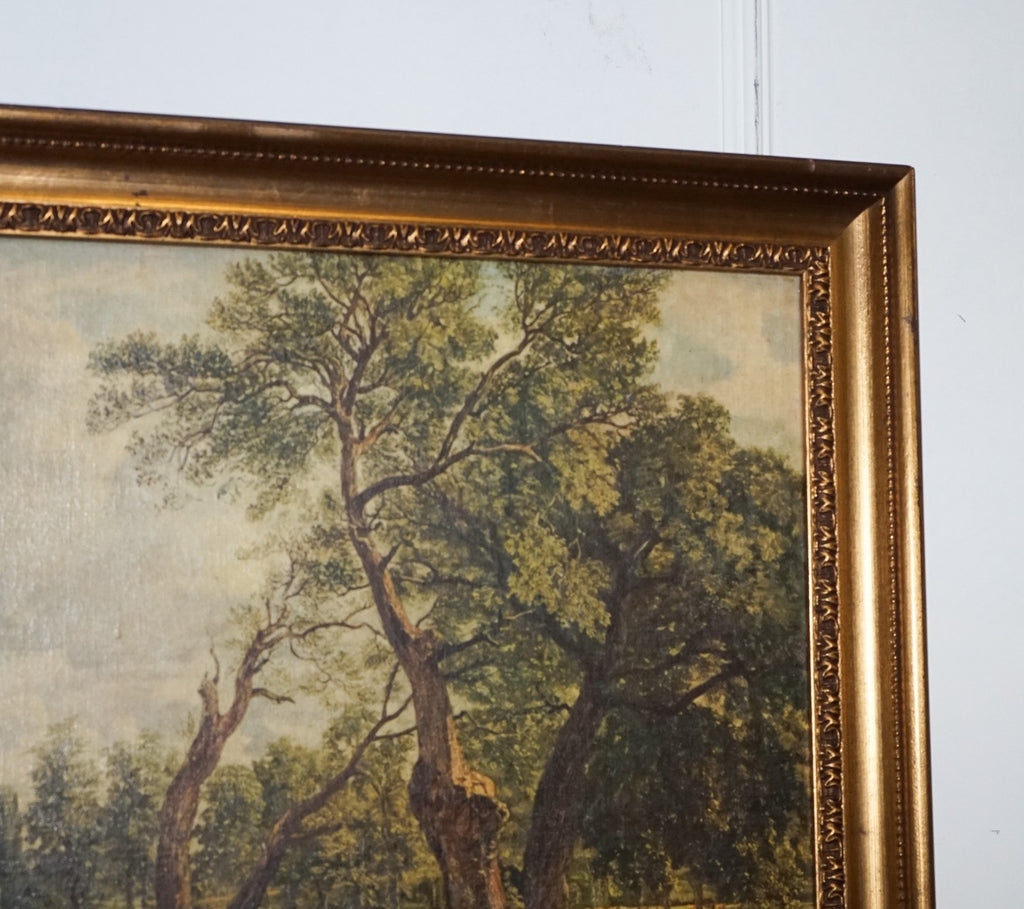 VINTAGE FRAMED COUNTRYSIDE LANDSCAPE PRINT RIVER SCENE WiTH HORSES AND TREES