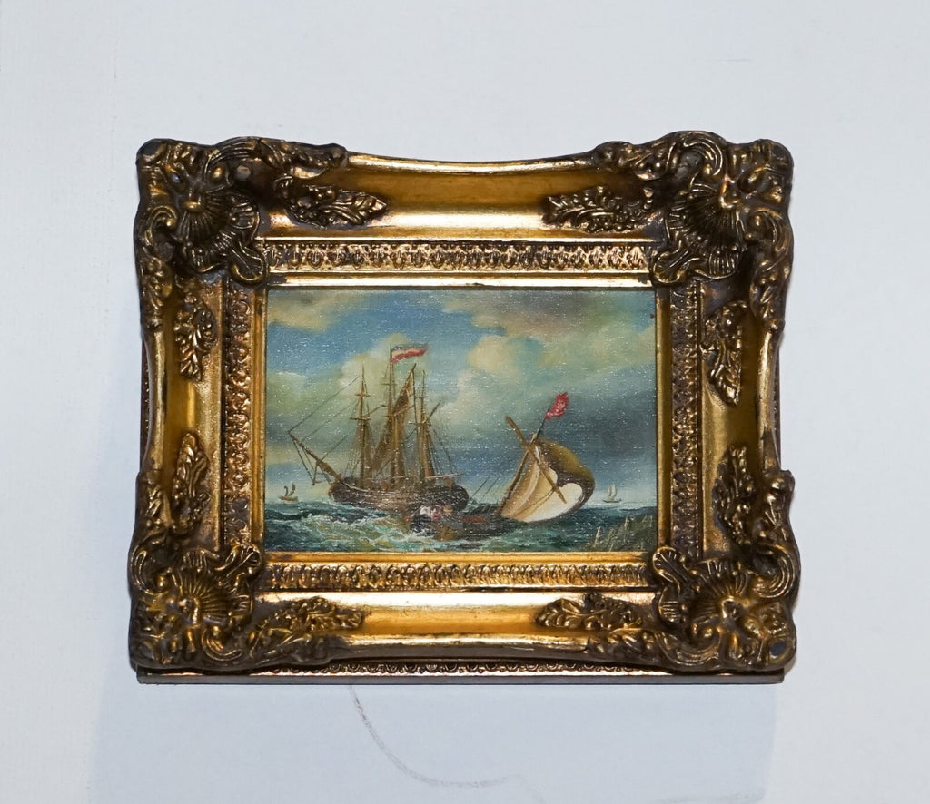 FINE ANTIQUE EARLY 20TH CENTURY OIL PAINTING OF FRENCH SHIP GILTWOOD FRAME