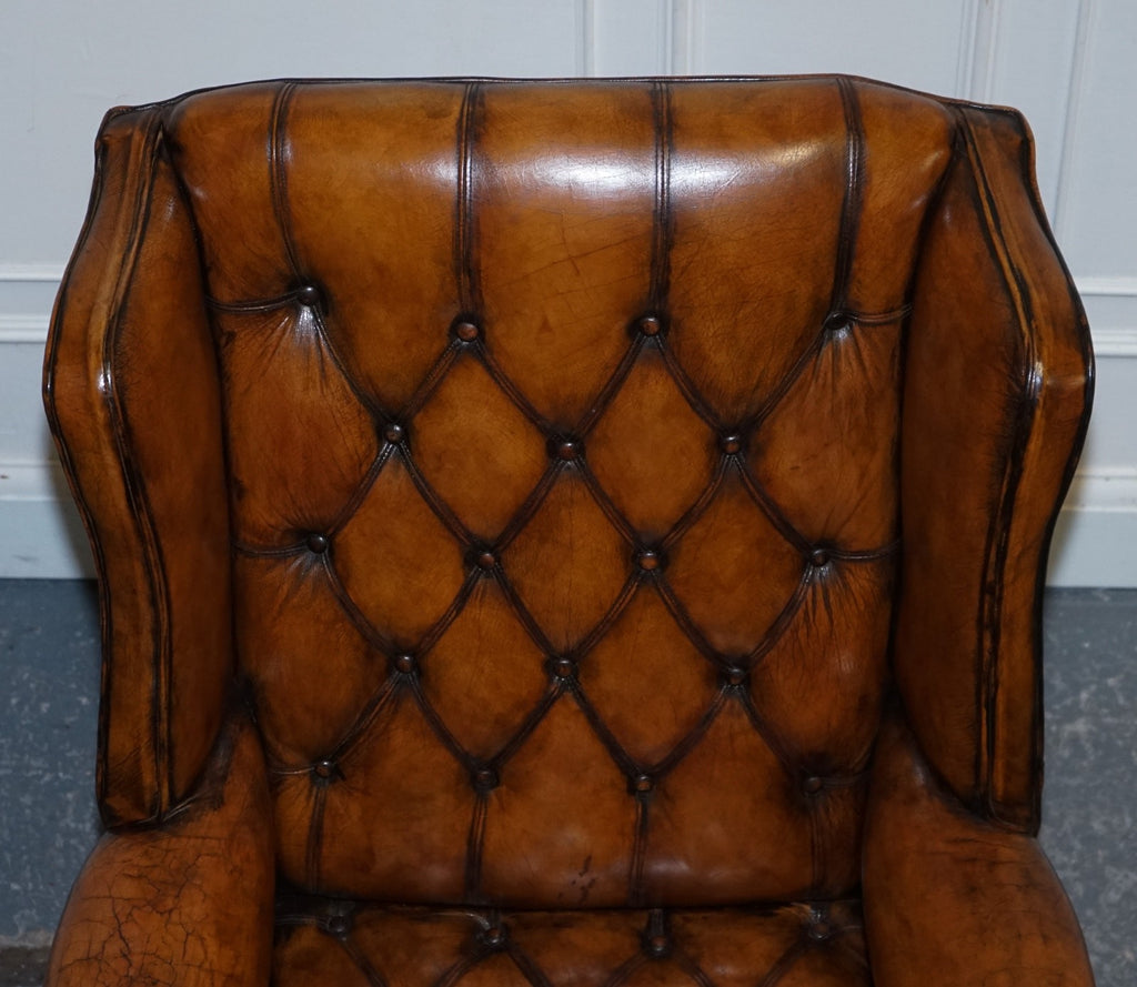 STUNNING 1960'S HAND DYED BROWN LEATHER CHESTERFIELD WINGBACK ARMCHAIRS