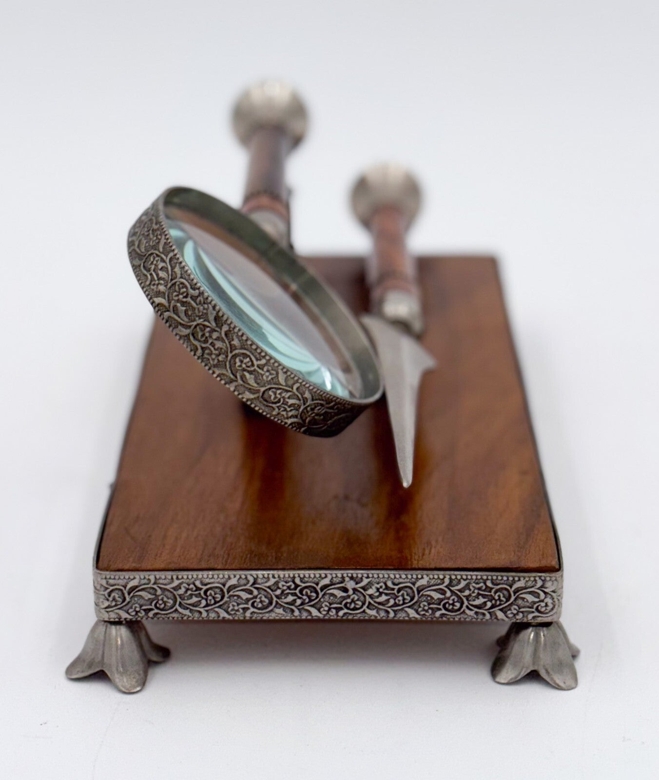 ANTIQUE ENGLISH WALNUT RECEPTION DESK LETTER SET MAGNIFYING GLASS