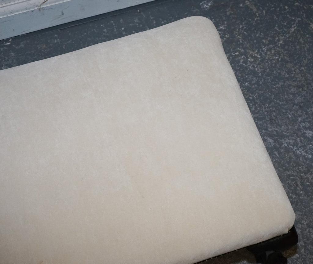 ANTIQUE EARLY VICTORIAN CLAW AND BALL FEET FOOTSTOOL WITH WHITE SUEDE TOP