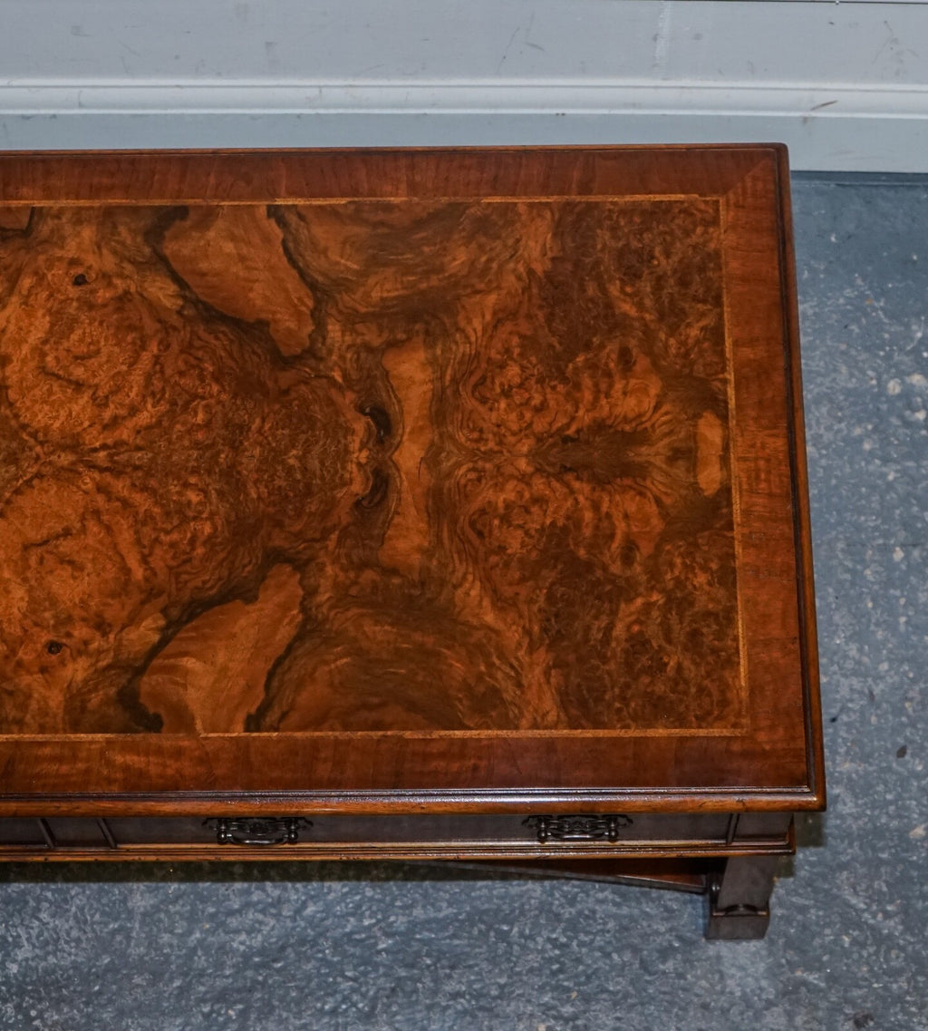 VINTAGE BRIGHTS OF NETTLEBED BURR WALNUT COFFEE TABLE WITH TWO DEEP DRAWERS