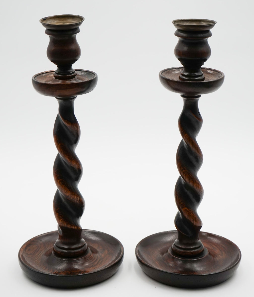 EARLY ViCTORIAN PAIR OF ENGLISH OAK BARLEY TWIST CANDLE STICKS (3)
