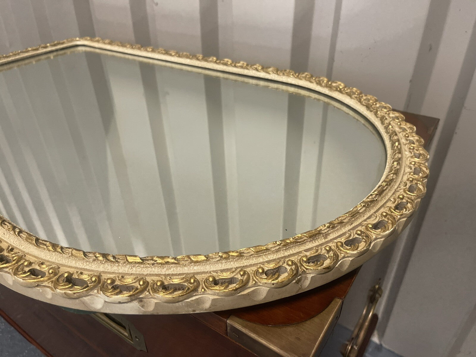 1950'S VINTAGE JOHN ''HALLS GALVO'' DAMP PROOF WHITE AND GOLD WALL MIRROR