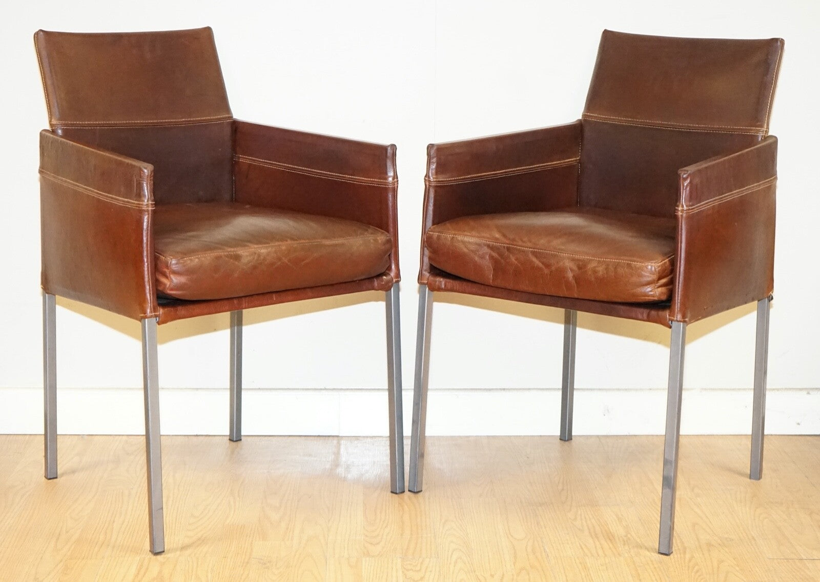 VINTAGE BROWN LEATHER AND STEEL TEXAS DINING CHAIR BY KARL FRIEDRICH FÖRSTER