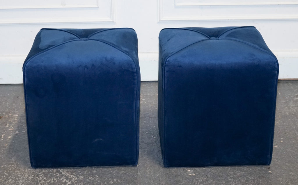 EX SHOWROOM ART DECO STYLE PAIR OF BLUE VELVET TOUCH FABRIC BLUE STOOLS