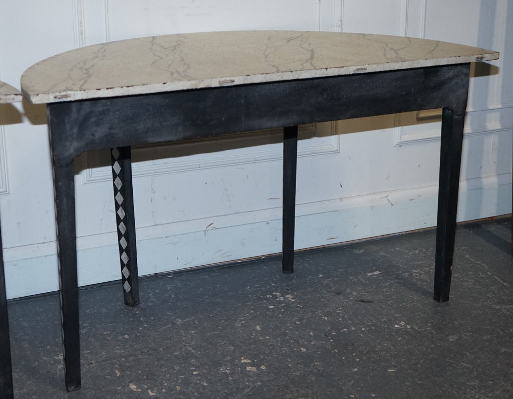 ENGLISH GEORGIAN HAND PAINTED PAIR OF DEMI LUNE SIDE CONSOLE TABLE MARBLE EFFECT