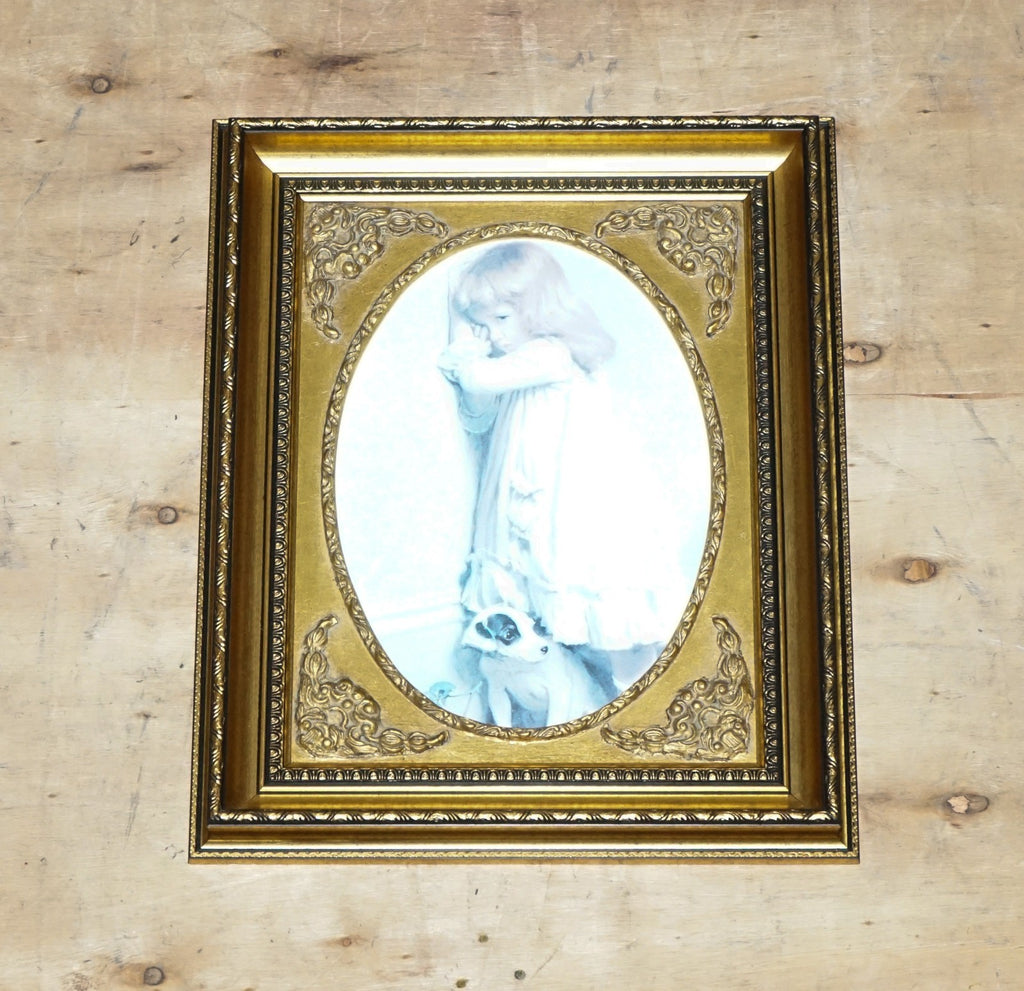 VINTAGE PRINT GILTED FRAME LITTLE GIRL AND DOG POSING 52 X 42 CM