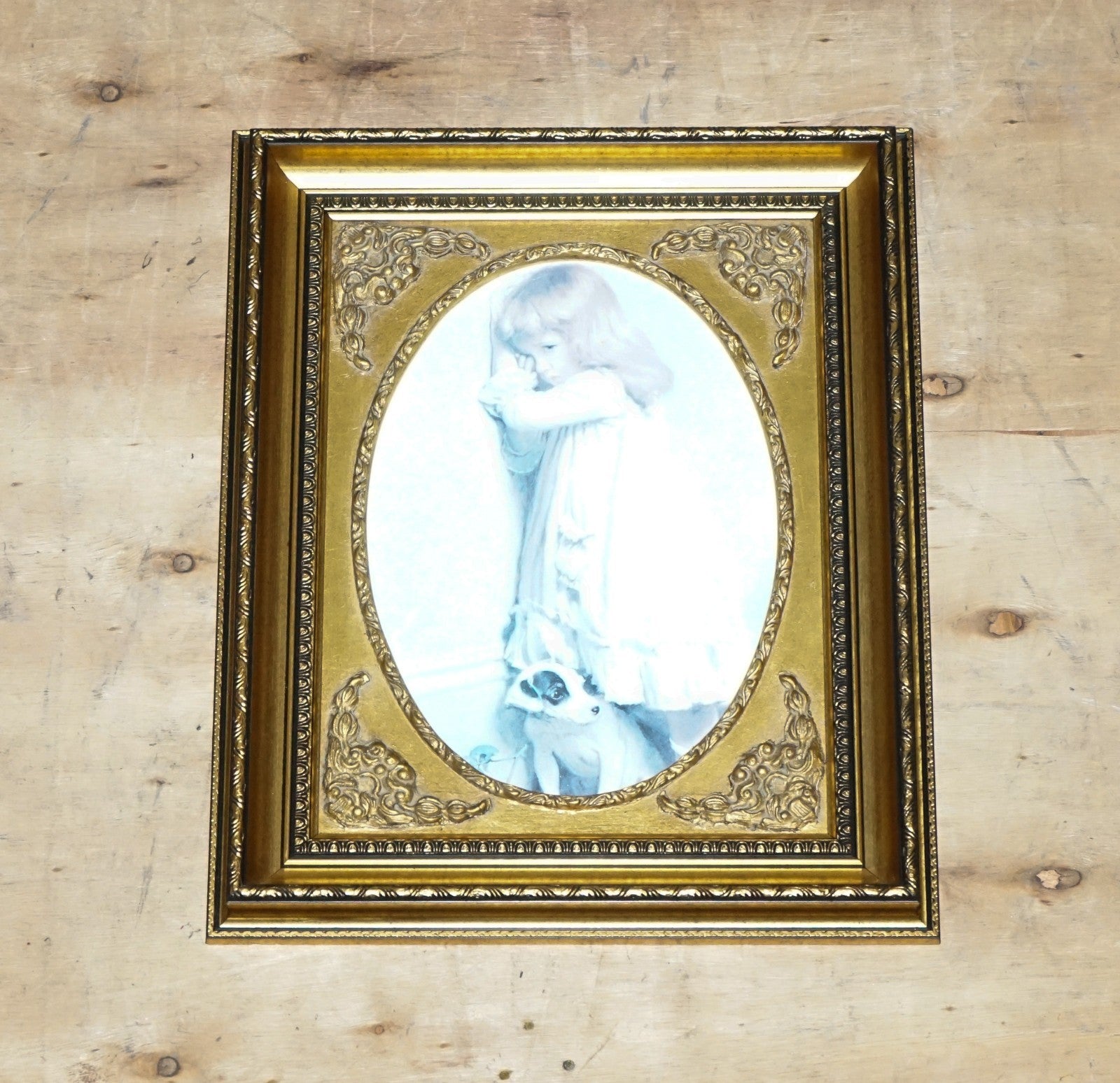 VINTAGE PRINT GILTED FRAME LITTLE GIRL AND DOG POSING 52 X 42 CM