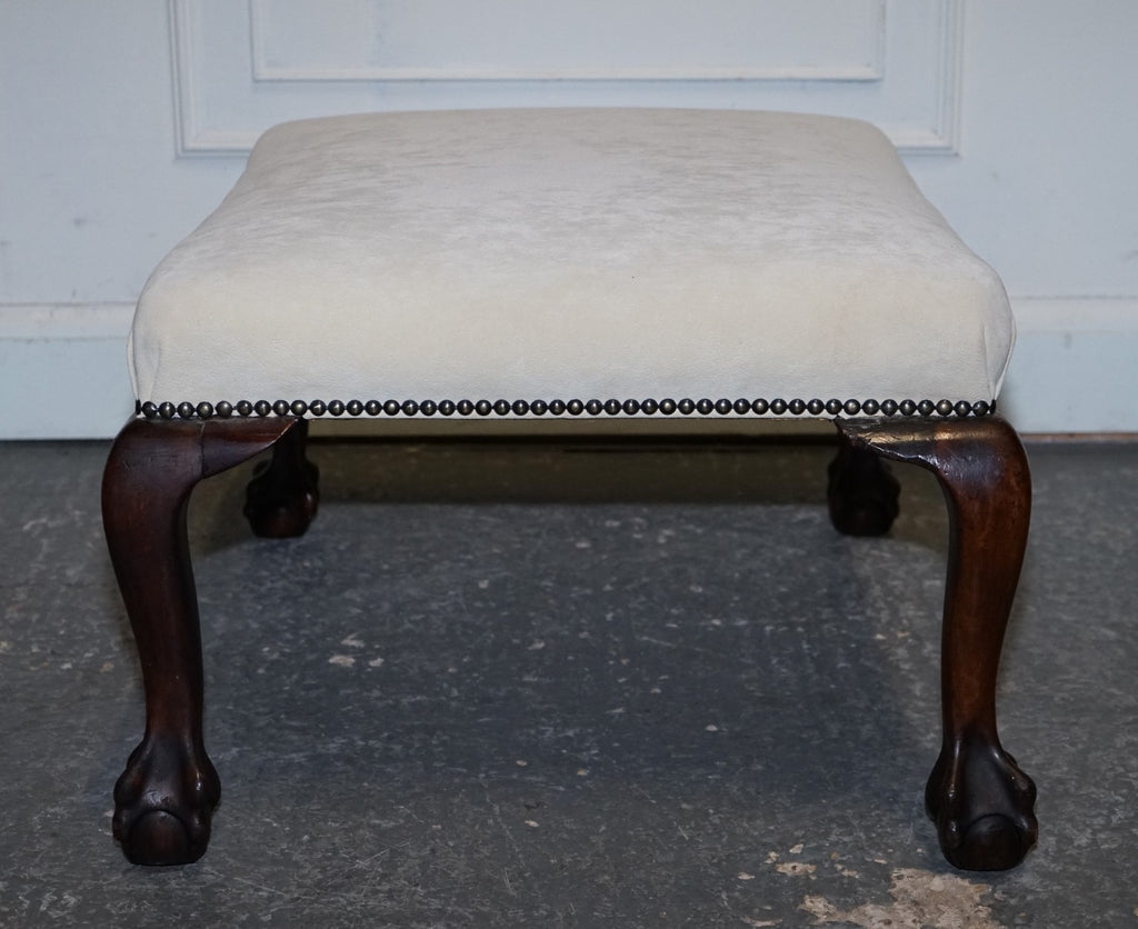 ANTIQUE EARLY VICTORIAN CLAW AND BALL FEET FOOTSTOOL WITH WHITE SUEDE TOP