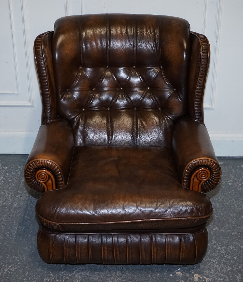 VINTAGE PAIR OF BRITISH MADE BROWN AGED LEATHER MONK CHESTERFIELD ARMCHAIRS