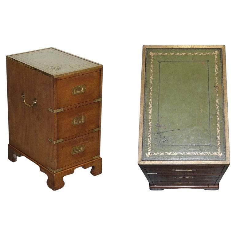VINTAGE MILITARY CAMPAIGN BEDSIDE NIGHTSTAND SIDE TABLE WITH THREE DEEP DRAWERS
