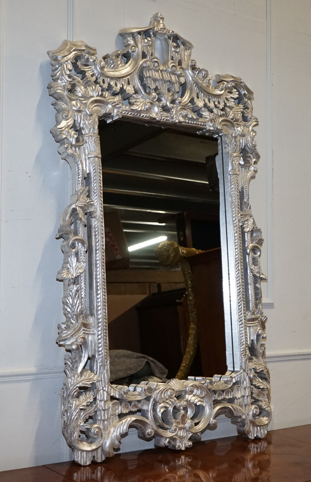 VINTAGE MID CENTURY ITALIAN BAROCCO STYLE SILVER HAND PAINTED WALL MIRROR