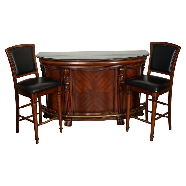 STUNNING HOWARD & MILLER STYLE AMERICAN BAR WITH GRANITE TOP & PAIR OF BARSTOOLS