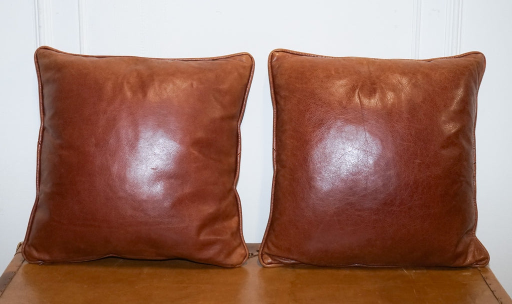 VINTAGE PAIR OF FEATHER FILLED CHESTNUT BROWN LEATHER & FABRIC SCATTER CUSHIONS