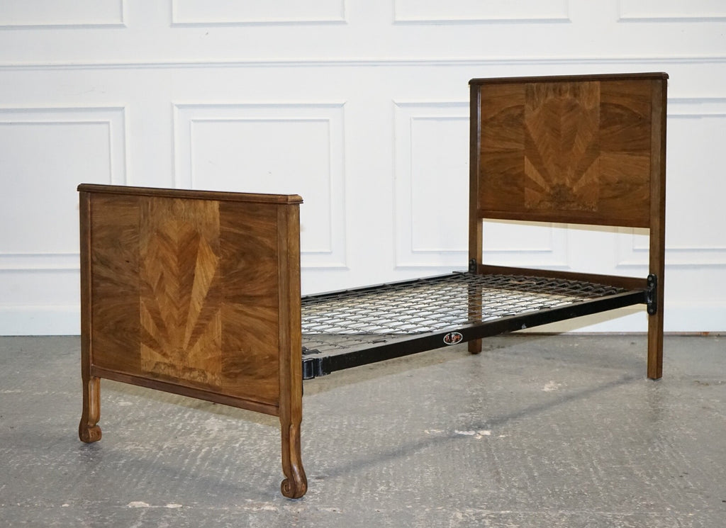 ART DECO BURR WALNUT DECORATIVE INLAID PANELS SINGLE BED (1/2)