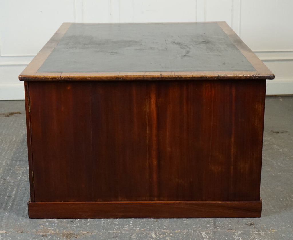 ANTIQUE HUGE DISTRESSED PARTNERS DESK WITH NAVY BLUE LEATHER TOP J1