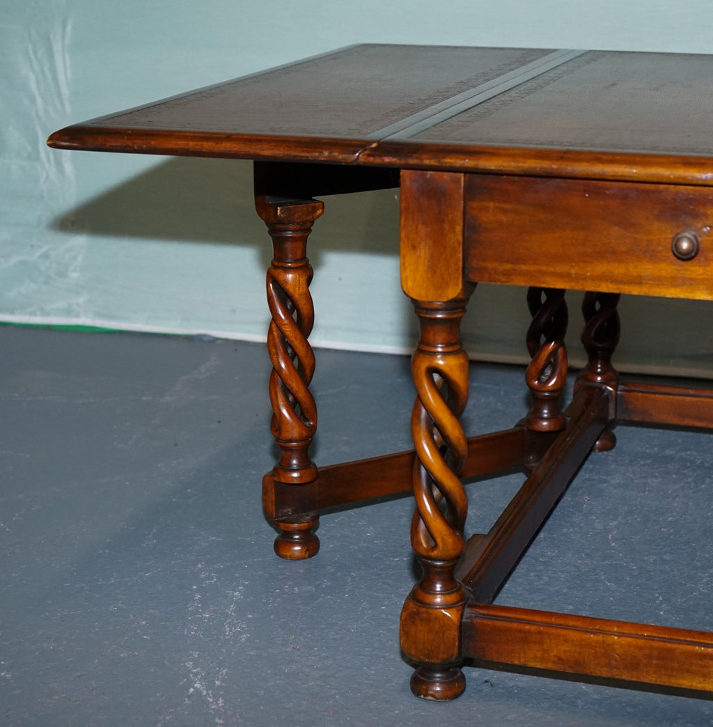 ELEGANT THEODORE ALEXANDER DROP LEAF BARLEY TWIST TABLE WITH LEATHER TOP