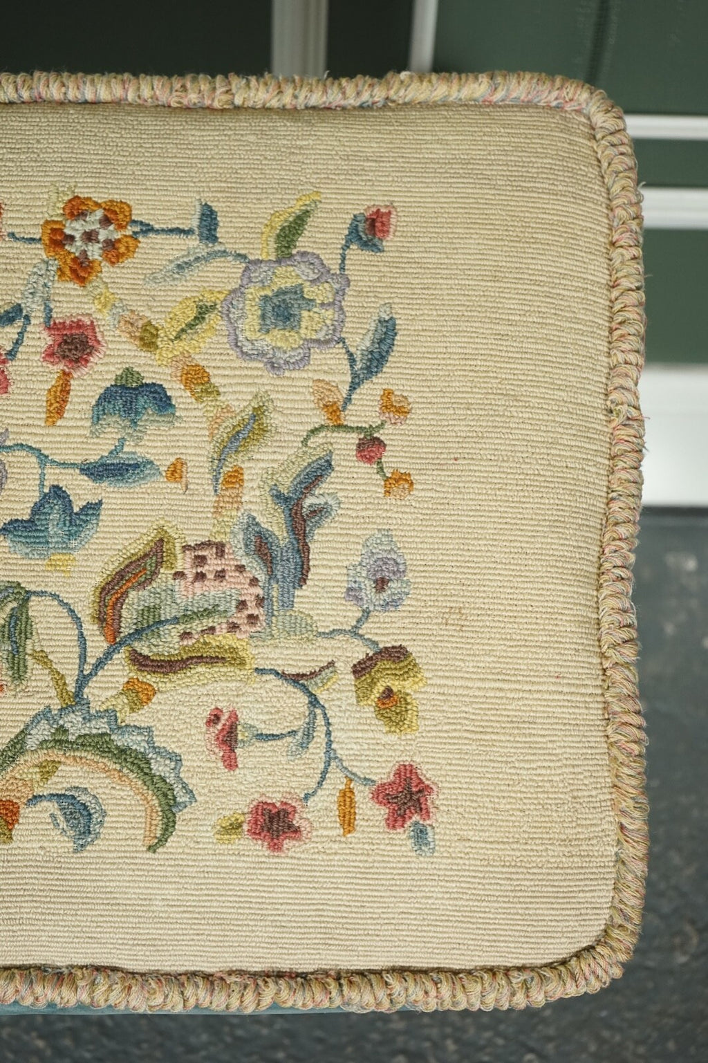 FINE LATE VICTORIAN FLOWER UPHOLSTERY CLAW AND BALL FOOT STOOL