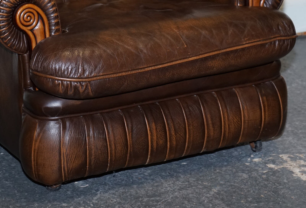 VINTAGE PAIR OF BRITISH MADE BROWN AGED LEATHER MONK CHESTERFIELD ARMCHAIRS