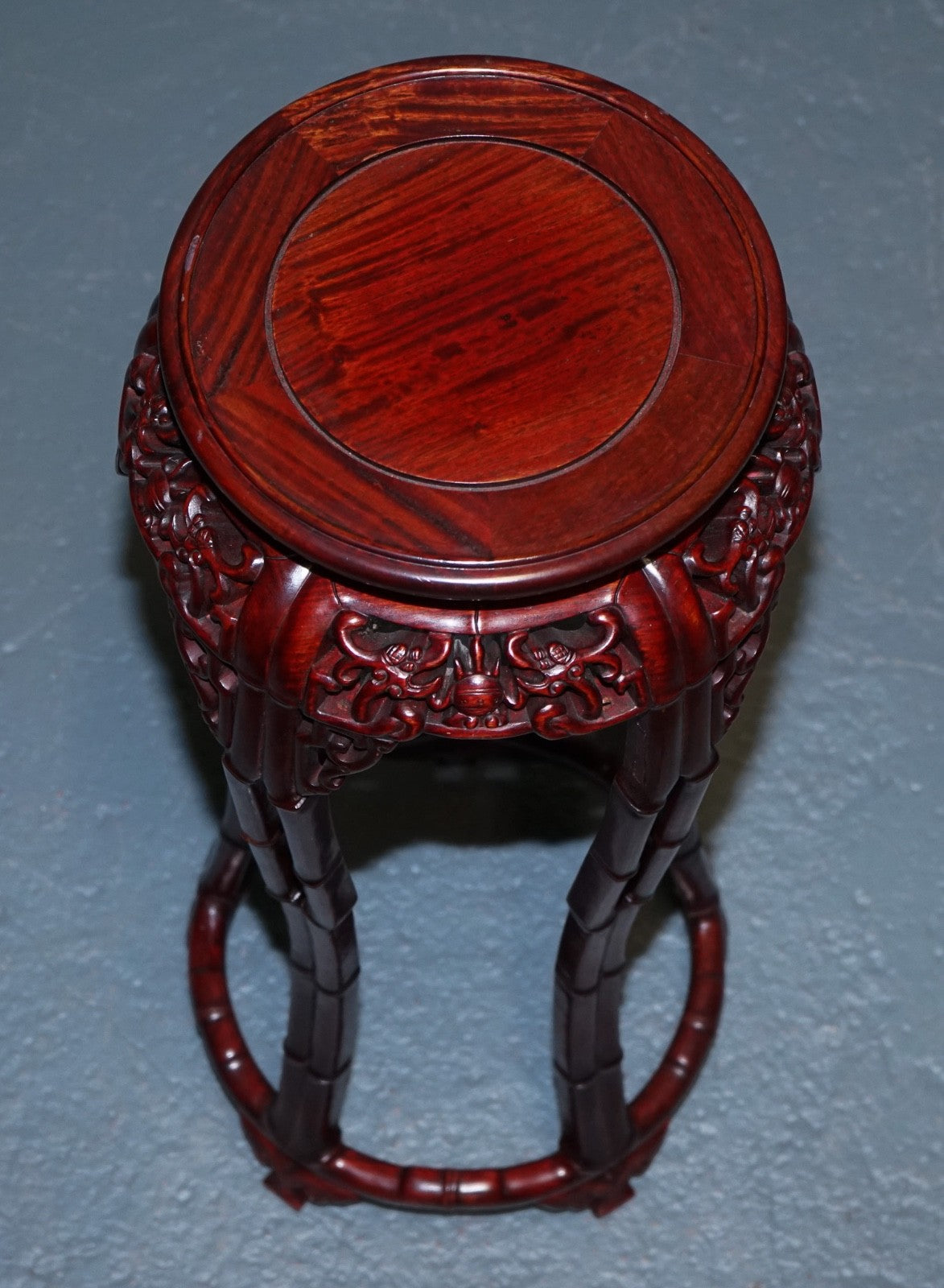 VINTAGE CHINESE CARVED HARDWOOD PLANT PEDESTAL BAMBOO MOTiF SHANGHAI TRADEMARK