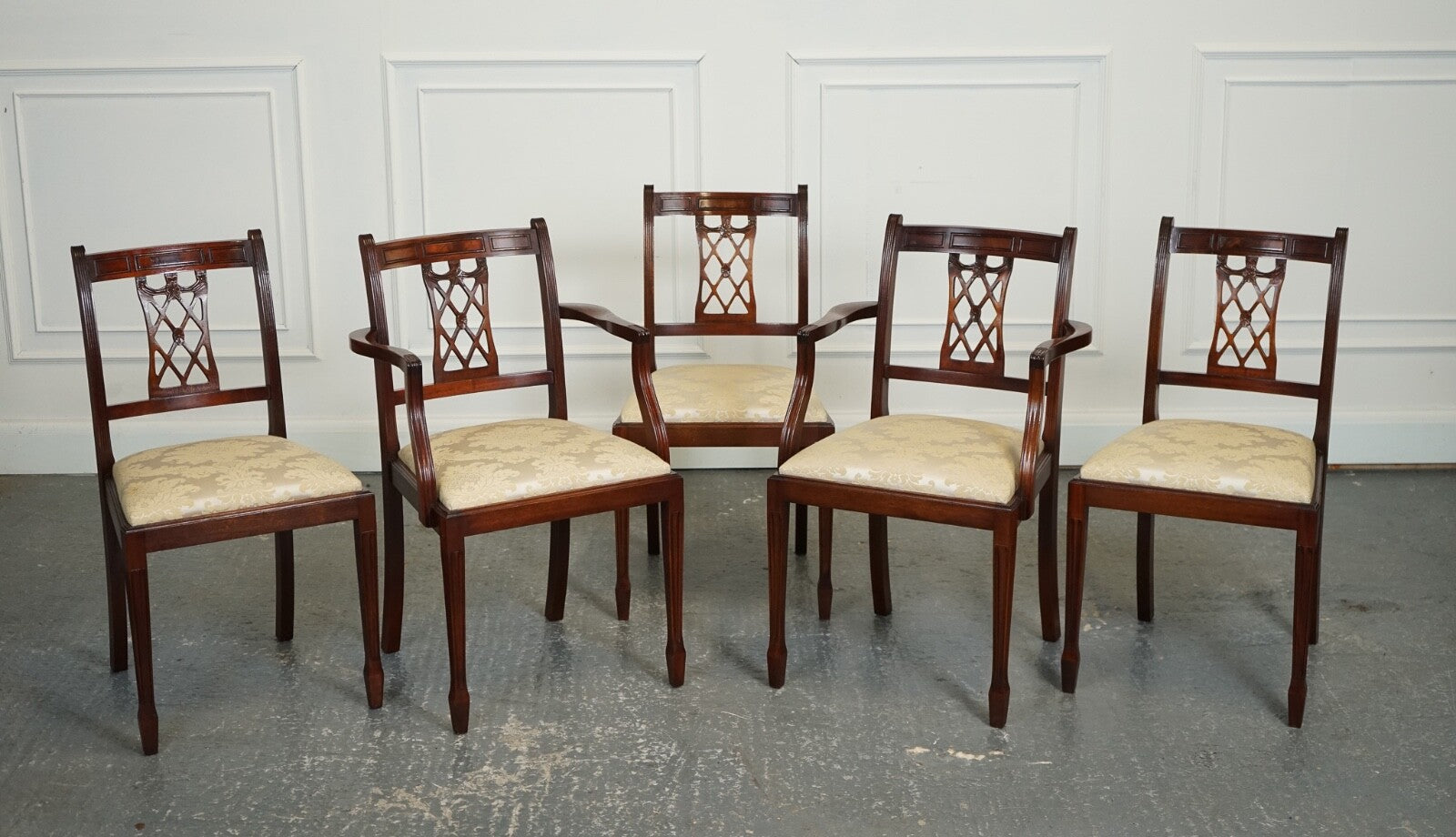 HEPPLEWHITE STYLE BEVAN FUNNELL SET 5 DINING CHAIRS CREAM UPHOLSTERED SEATS J1